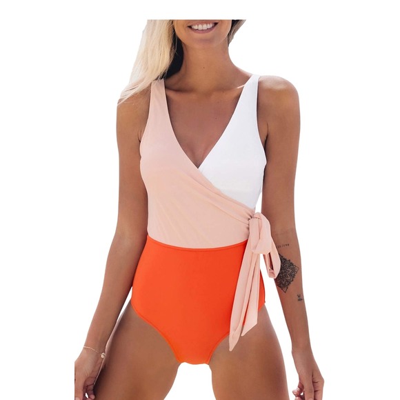 Cupshe-Colorblock One Piece Swimsuit White Orange Pink Tie Bathing Suit - Picture 1 of 4